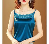 NOLEGA Damen Tank Top Sommer, Frauen Rote Seide Satin Leibchen Weste Hohle Spitze Blumen Nähen Sexy Spaghetti Mode Hemd Elegant Cami Tanktops Sommer Lässige Ärmellose Oberteile T-Shirt Bluse,Blau,L