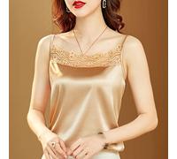 NOLEGA Tank Top Damen,Frauen Rote Seide Satin Camisole Weste Hohle Spitze Blumen Nähen Sexy Spaghetti Mode Hemd Elegant Cami Tanktops Sommer Lässig Ärmellose Oberteile T-Shirt Bluse,Champagner,M