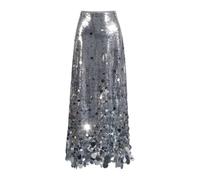NONGYU Damen Rock mit hoher Taille, schimmernder A-Linie, mit Reißverschluss, glitzernde Pailletten, Maxi-Rock, Ausgehen, Party, Clubwear, A-Linien-Rock für Damen, silber, XL