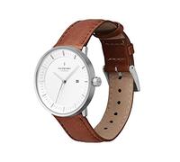 Nordgreen Skandinavische Design Uhr Analog Quarz Silber | Weißes Ziffernblatt | Braunes, auswechselbares Leder Armband | Modell: Philosopher