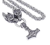 Nordische Mythologie Wikinger Mjölnir Herren Halskette - Wolfskopf Mit Thors Hammer Anhänger Edelstahl Königskette -Handgefertigter Schwerer Vintage Kette Pagan Schmuck(Silver Round Chain,50CM)