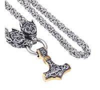 Nordische Mythologie Wikinger Mjölnir Herren Halskette - Wolfskopf Mit Thors Hammer Anhänger Edelstahl Königskette -Handgefertigter Schwerer Vintage Kette Pagan Schmuck(Dual Color Round Chain,60CM)