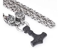Nordische Mythologie Wikinger Mjölnir Herren Halskette - Wolfskopf Mit Thors Hammer Anhänger Edelstahl Königskette -Handgefertigter Schwerer Vintage Kette Pagan Schmuck(Black Square Chain,70CM)