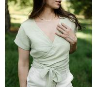 NORDLICHT Damen Musselin Wickelbluse aus 100% Bio-Baumwolle FREDA kurz Salbei (Grün) M