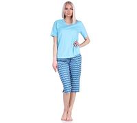 Normann Cooler Damen Capri Pyjama mit 3/4 Capri Shorts, Schlafanzug im Ethno-Style, Farbe:blau, Größe:40-42