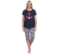 Normann Damen Capri Schlafanzug Kurzarm Pyjama mit Anker-Motiv und Ringeln - 204 755, Farbe:Navy, Größe:36-38