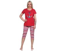 Normann Damen Capri Schlafanzug Kurzarm Pyjama mit Anker-Motiv und Ringeln - 204 755, Farbe:rot, Größe:40-42