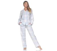Normann Damen Flanell Schlafanzug lang Pyjama mit Knopfleiste und Hemdkragen, Farbe:hellblau, Größe:36-38