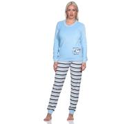 Normann Damen Frottee Pyjama, Hose gestreift, Oberteil mit süssen Tiermotiv, Farbe:blau, Größe:40-42