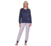 Normann Damen Frottee Pyjama, Hose gestreift, Oberteil mit süssen Tiermotiv, Farbe:Marine, Größe:36-38