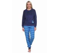 Normann Damen Frottee Pyjama, Hose gestreift, Oberteil mit süssen Tiermotiv, Farbe:Navy, Größe:36-38