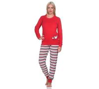 Normann Damen Frottee Pyjama, Hose gestreift, Oberteil mit süssen Tiermotiv, Farbe:rot2, Größe:36-38