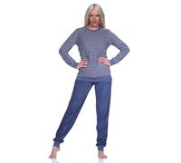Normann Damen Frottee Pyjama Langarm Schlafanzug mit Bündchen in Streifenoptik, Farbe:Marine, Größe:48/50