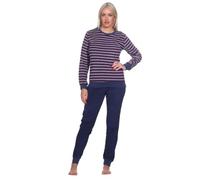 Normann Damen Frottee Pyjama mit Rundhals, Oberteil in Ringel-Optik, Mond, Uni Hose, Marine, 70298, Gr. S 36/38