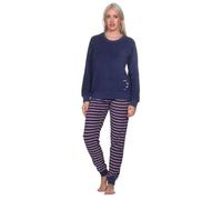 Normann Damen Frottee Pyjama mit Rundhals, Uni Oberteil, Mond, Hose in Ringel-Optik, Blau, 70300, Gr. S 36/38