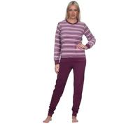 Normann Damen Frottee Pyjama mit Rundhals, Uni Oberteil, Mond, Hose in Ringel-Optik, Lila, 73172, Gr. S 36/38