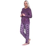 Normann Damen Frottee Pyjama mit Rundhals, Uni Oberteil Rose, Hose Rosen-Allover, Beere, 69941, Gr. M 40/42