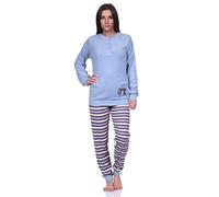 Normann Damen Frottee Pyjama, Schlafanzug Langarm mit süßem Katzen-Motiv, Farbe:hellblau, Größe:48-50