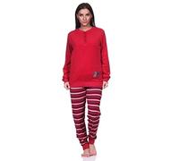 Normann Damen Frottee Pyjama, Schlafanzug Langarm mit süßem Katzen-Motiv, Farbe:rot, Größe:48-50