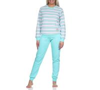 Normann Damen Frottee Schlafanzug lang, Pyjama in Ringel-Optik und Eiskristall-Motiv, Farbe:Mint, Größe:36-38