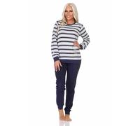 Normann Damen Frottee Schlafanzug lang, Pyjama in Ringel-Optik und Eiskristall-Motiv, Farbe:Navy, Größe:36-38