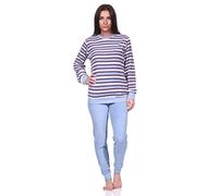 Normann Damen Frottee Schlafanzug lang, Pyjama mit Bündchen in toller Streifen-Optik, Farbe:hellblau, Größe:40-42