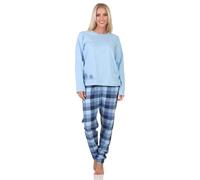 Normann Damen Jersey Schlafanzug Langarm Pyjama mit Karierter Hose und Tiermotiv