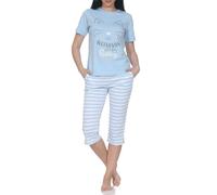 Normann Damen Kurzarm Capri Schlafanzug Pyjama in Katzen Optik - auch in Übergrößen, Farbe:hellblau, Größe:44-46