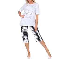 Normann Damen Kurzarm Capri Schlafanzug Pyjama in Katzen Optik - auch in Übergrößen, Farbe:weiß, Größe:36-38