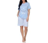 Normann Damen Kurzarm Schlafanzug Shorty Pyjama in Katzen Optik - auch in Übergrößen, Farbe:hellblau, Größe:40-42