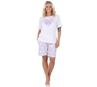 Normann Damen Kurzarm Schlafanzug Shorty Pyjama mit Herz und Katzenmotiv, Farbe:lila, Größe:44-46