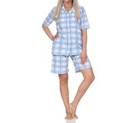 Normann Damen Kurzarm Shorty-Pyjama Jersey durchgeknöpft - Karo-Optik - auch in Übergröße, Farbe:blau, Größe:40/42