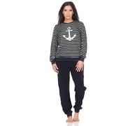 Normann Damen Langarm Frottee Schlafanzug mit Bündchen in maritimer Optik und Anker Motiv, Farbe:Marine, Größe:48-50