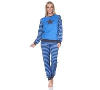 Normann Damen Langarm Frottee Schlafanzug mit Bündchen und Sternmotiv - auch in Übergröße, Farbe:blau, Größe:48-50