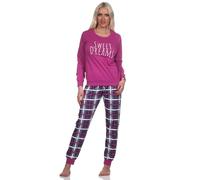 Normann Damen Langarm Schlafanzug mit Bündchen Pyjama mit Karierter Jersey Hose, Farbe:Beere, Größe:36-38