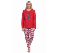 Normann Damen Langarm Schlafanzug Pyjama in maritimer Optik, Oberteil mit Anker Motiv, Farbe:rot, Größe:40-42