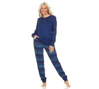 Normann Damen Pyjama lang mit Bündchen im Ethnolook - auch in Übergrößen, Farbe:Marine, Größe:56-58