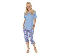 Normann Damen Pyjama mit V-Hals, Streifen, Kurzarm, Geblümter Capri-Hose, Blau, 56746, Gr. S 36/38