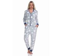 Normann Damen Schlafanzug Jumpsuit Overall in Sterneoptik aus kuschelig warmen Coralfleece, Farbe:blau, Größe:48/50