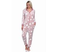 Normann Damen Schlafanzug Jumpsuit Overall in Sterneoptik aus kuschelig warmen Coralfleece, Farbe:rosa, Größe:44/46