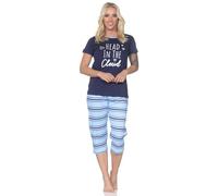 Normann Damen Schlafanzug Kurzarm Pyjama mit Capri-Pyjamahose in Streifenoptik, Farbe:Navy, Größe:40-42