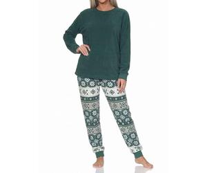 Normann Damen Schlafanzug lang in Norweger Optik aus kuschelig warmen Coralfleece, Farbe:grün, Größe:44/46