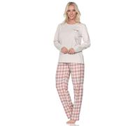 Normann Damen Schlafanzug lang Pyjama mit Flanell Pyjamahose in Karo Optik, Farbe:Creme, Größe:48-50