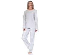 Normann Damen Schlafanzug lang Pyjama mit Karierter Flanell Schlafhose, Farbe:grau, Größe:44-46