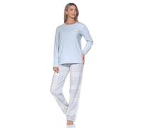 Normann Damen Schlafanzug lang Pyjama mit Karierter Flanell Schlafhose, Farbe:hellblau, Größe:44-46