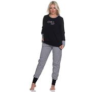 Normann Damen Schlafanzug Langarm mit Bündchen, Hose im Pepita-Look, Top mit Frontprint