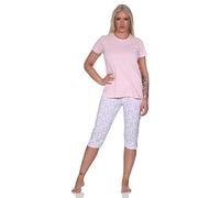 Normann Floraler Damen Capri Pyjama Schlafanzug mit Streifen, 3/4 Hose & Rundhals, Farbe:rosa, Größe:48-50