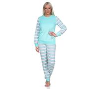Normann Geringelter Damen Frottee Schlafanzug Langarm Pyjama mit Eiskristall, Farbe:Mint, Größe:48-50