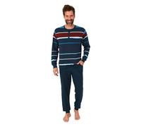 Normann Herren Schlafanzug lang mit Bündchen in Streifenoptik - Pyjama auch in Übergrößen, Farbe:Marine, Größe:56