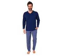 Normann Herren Schlafanzug lang mit Jersey Pyjama Hose in Karo Optik - auch in Übergrößen, Farbe:Marine, Größe:64-66